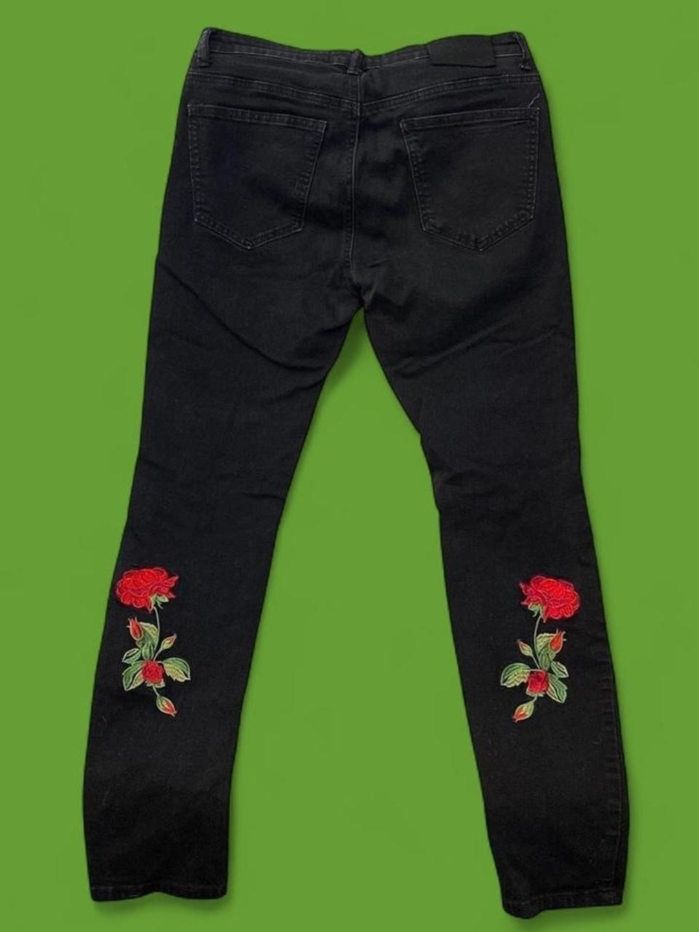 Forever 21 Black Skinny Jeans with Red Rose Embroidery - Picture 2 of 7